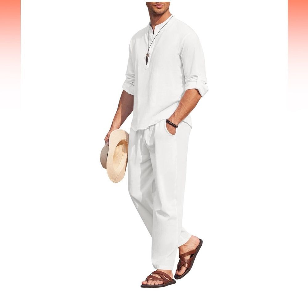 NWT COOFANDY Men's White 2 Piece Cotton Set Sz L